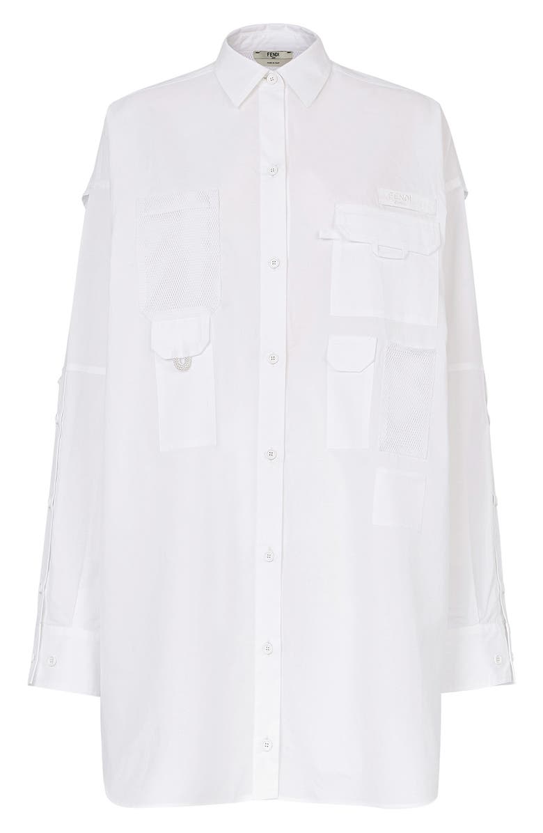 Fendi Boxy Pocket Long Sleeve Cotton Poplin Shirtdress, Alternate, color, 