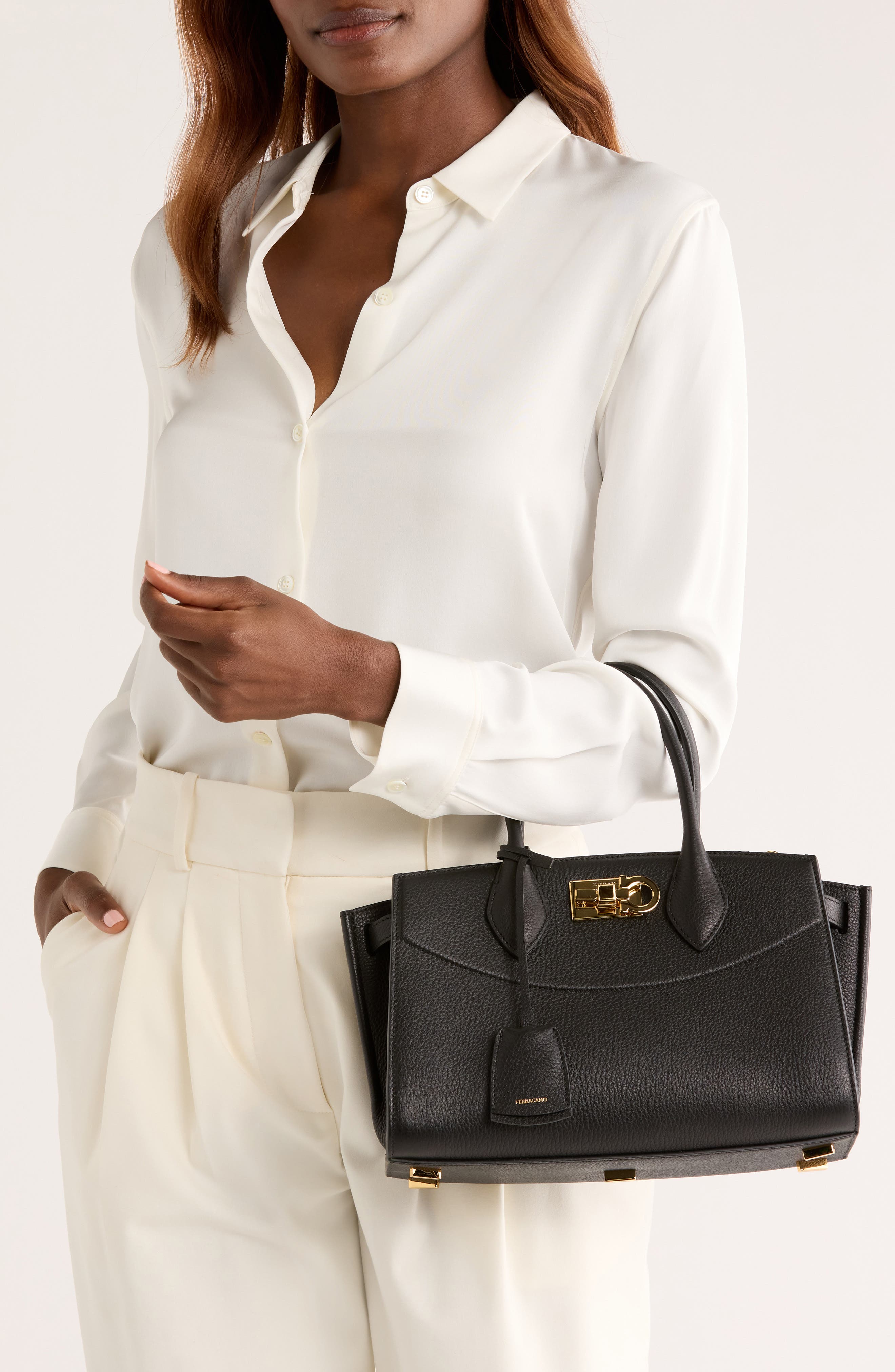 FERRAGAMO Small The Studio Soft Leather Top Handle Bag, Alternate, color, Nero