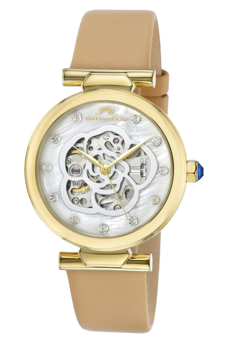 Laura White Topaz Automatic Leather Strap Watch, 36mm, Main, color, BEIGE GOLD