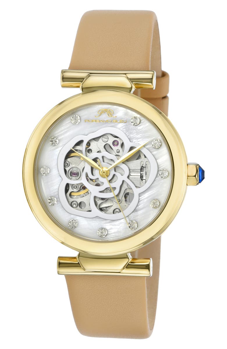 PORSAMO BLEU Laura White Topaz Automatic Leather Strap Watch, 36mm, Main, color, Beige Gold