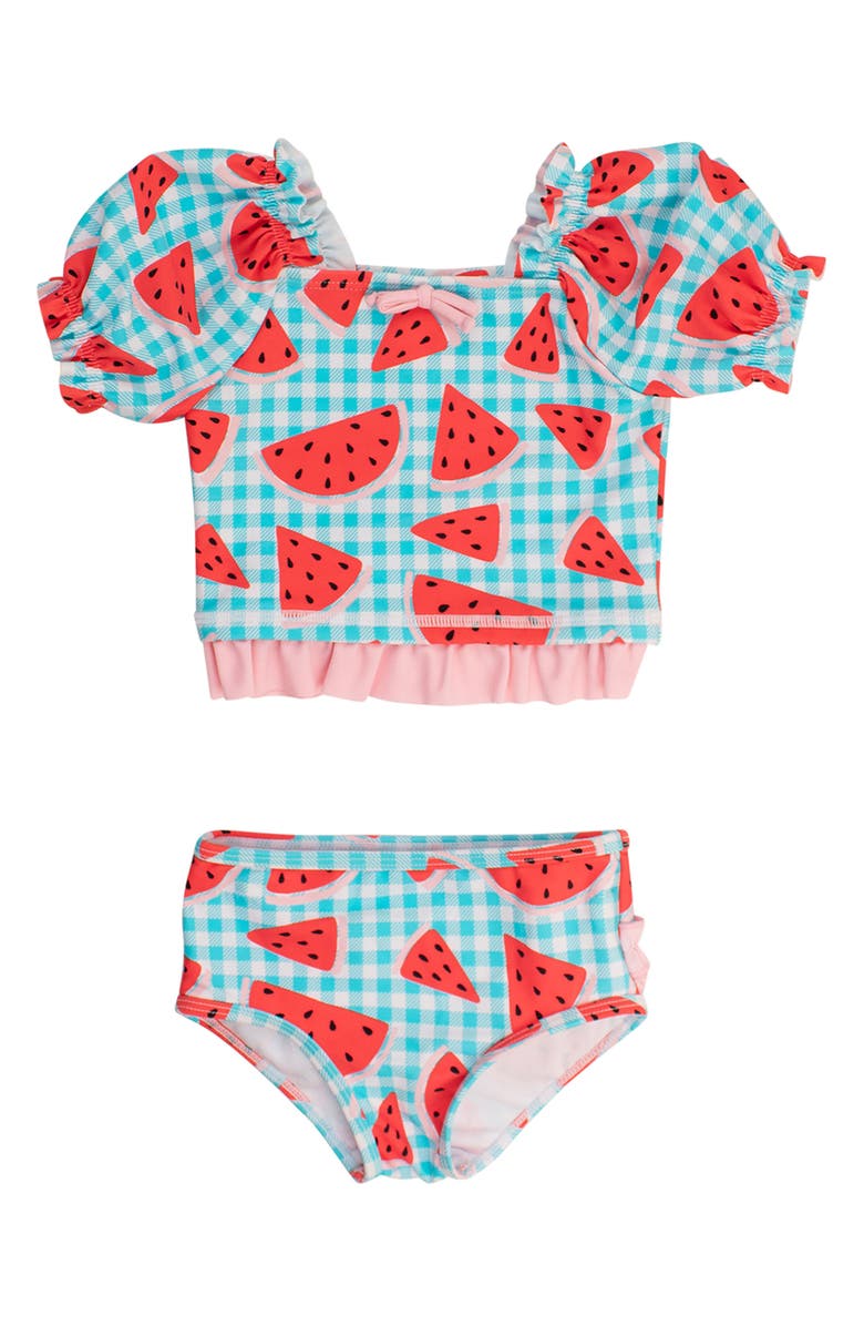 RuffleButts Kids' Watermelon Gingham Puff Sleeve Two-Piece Swimsuit, Main, color,