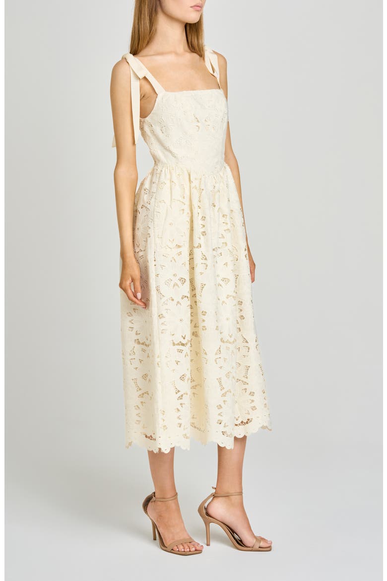 Kassi Floral Embroidered Tie Shoulder Cotton Midi Dress, Alternate, color, ANTIQUE IVORY