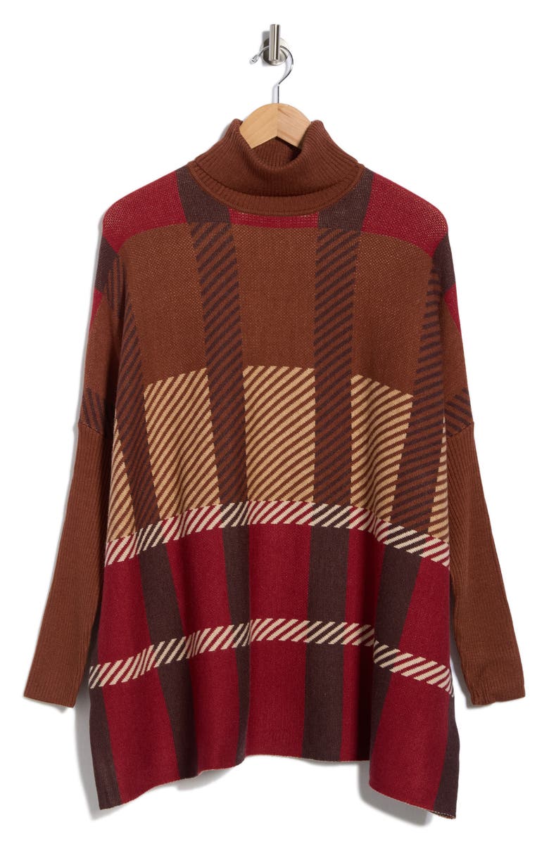 Joseph A Plaid Turtleneck Poncho Sweater, Alternate, color, Clubhouse Plaid Chocolate