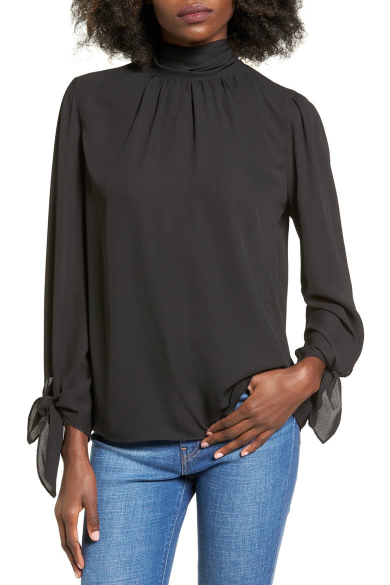 Tie Detail Turtleneck Blouse, Main, color, BLACK