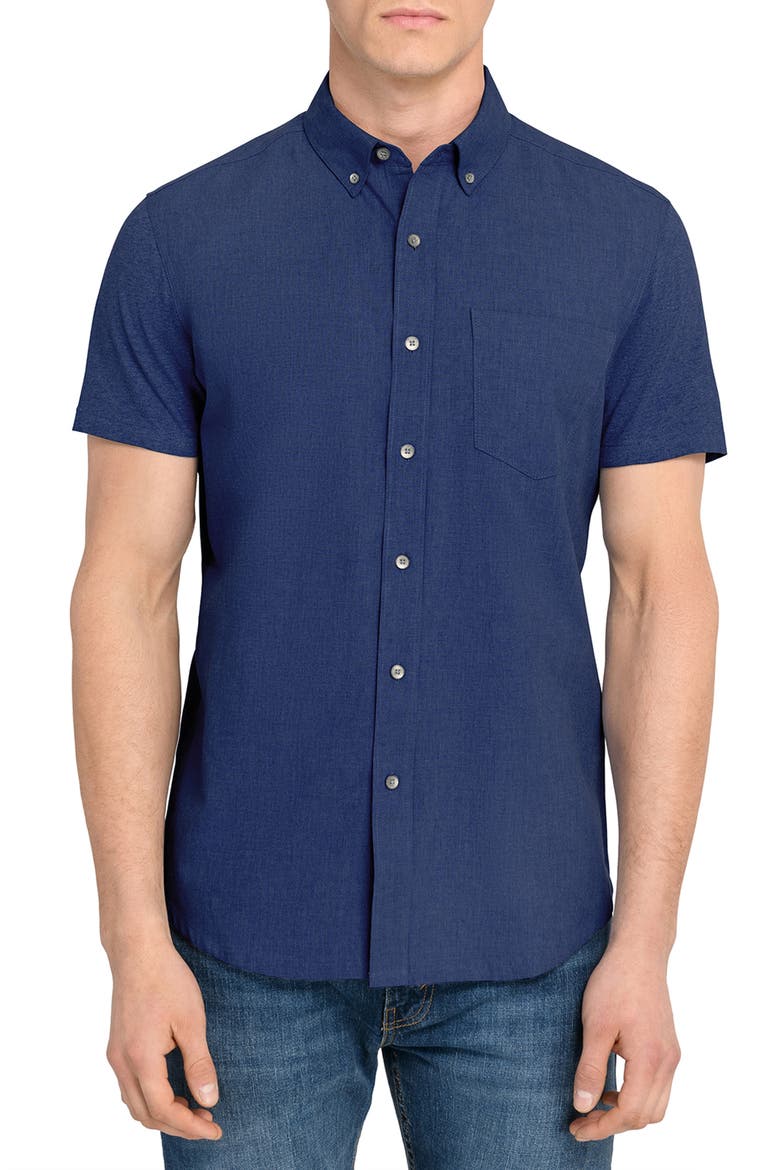 Reworked Slim Fit Solid Short Sleeve Cotton Button-Down Shirt, Main, color, NAVY