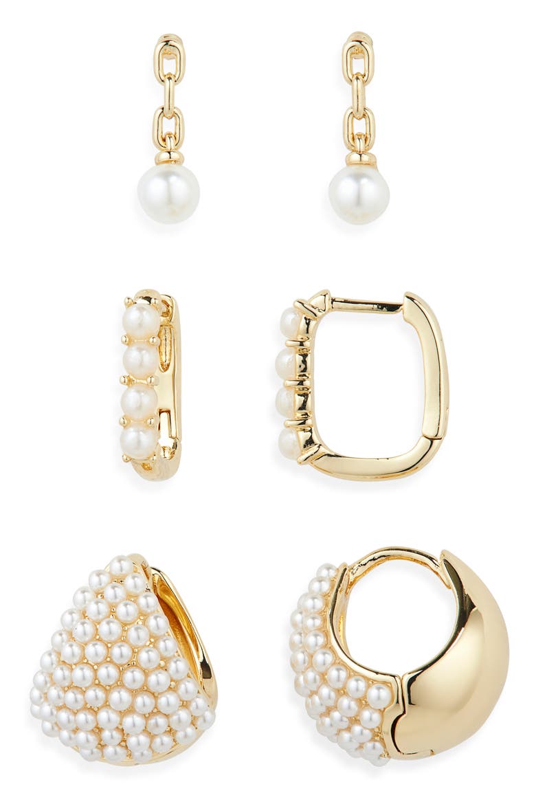 3 Pairs of Demi Fine Faux Pearl Earrings, Alternate, color, WHITE- GOLD