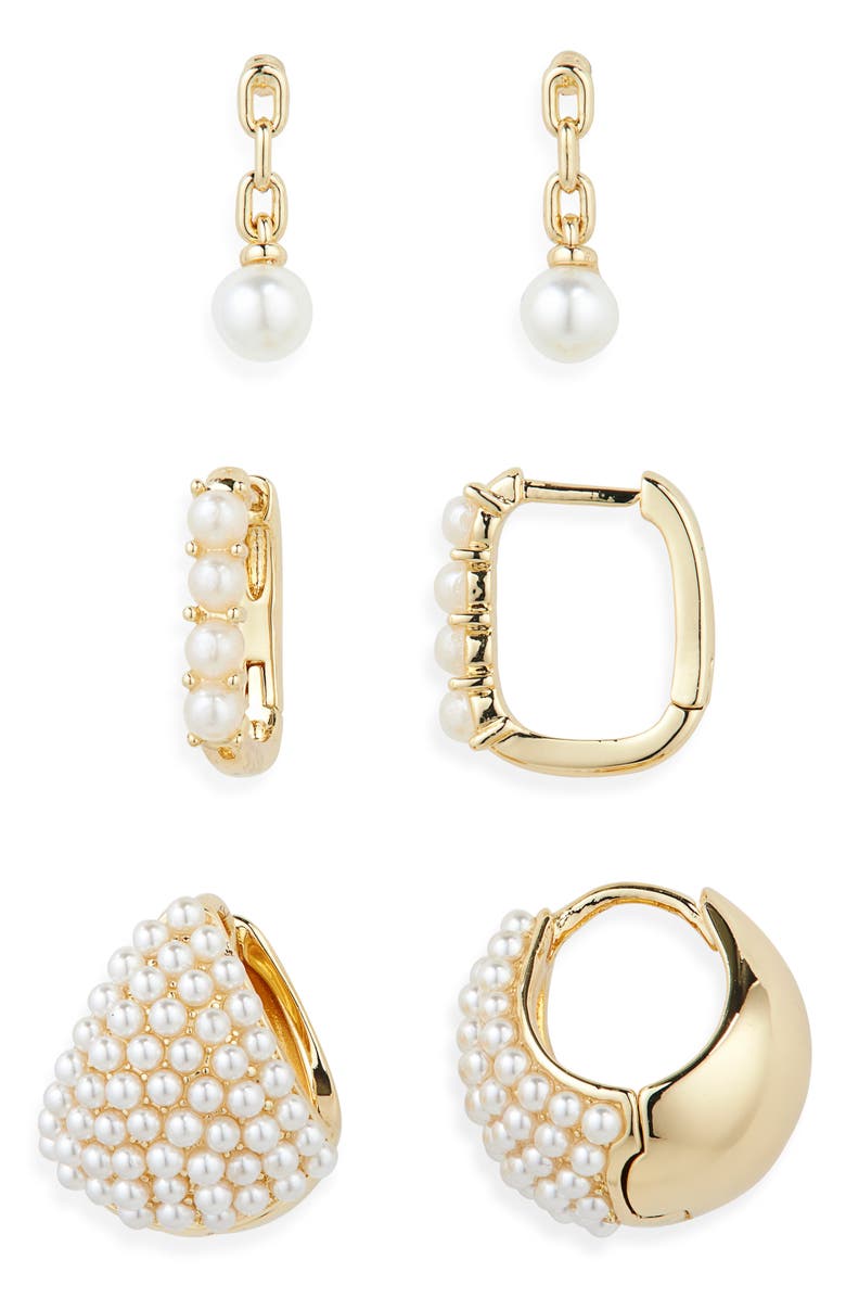 Chelsea28 3 Pairs of Demi Fine Faux Pearl Earrings, Alternate, color, White- Gold