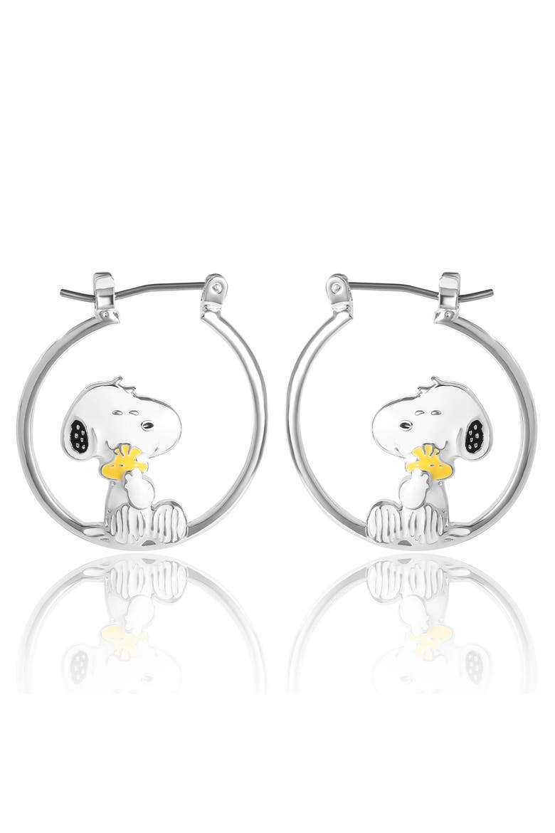 Snoopy Hugging Woodstock Enamel Hoop Earrings, Alternate, color, Silver