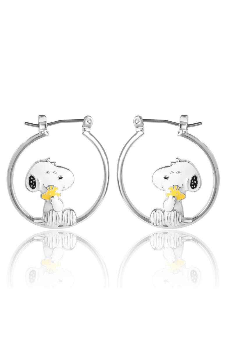 PEANUTS Snoopy Hugging Woodstock Enamel Hoop Earrings, Alternate, color, Silver