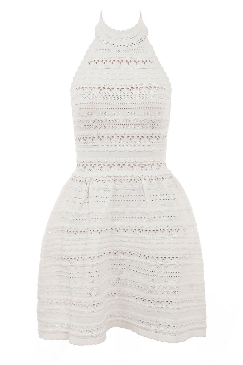Serafina Mixed Stitch Cocktail Mini Halter Dress, Alternate, color, WHITE