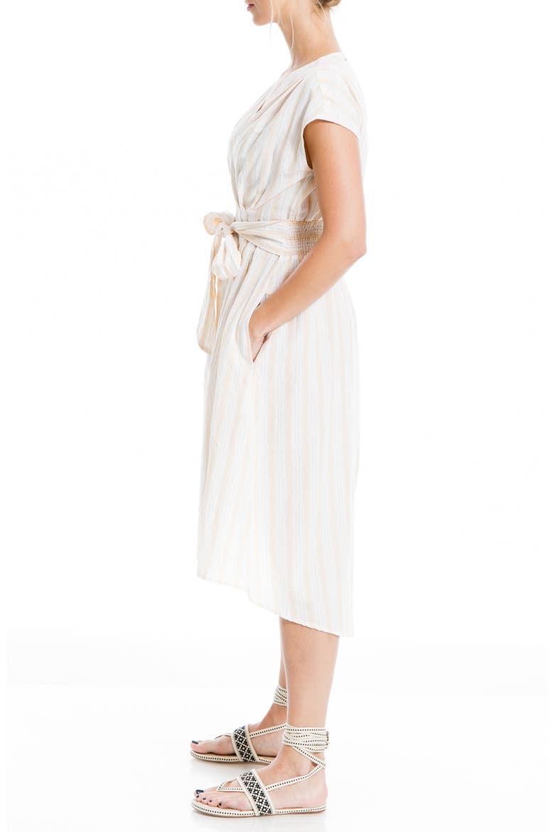 V-Neck Waist Tie Dress, Alternate, color, WHITE GOLD THICK THIN STRIPE