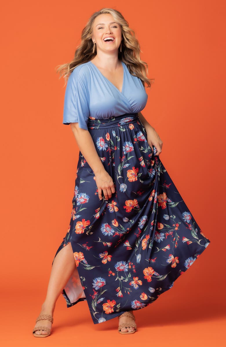 Kiyonna Havana Mixed Media Floral Maxi Dress, Alternate, color, Vibrant Navy Florals