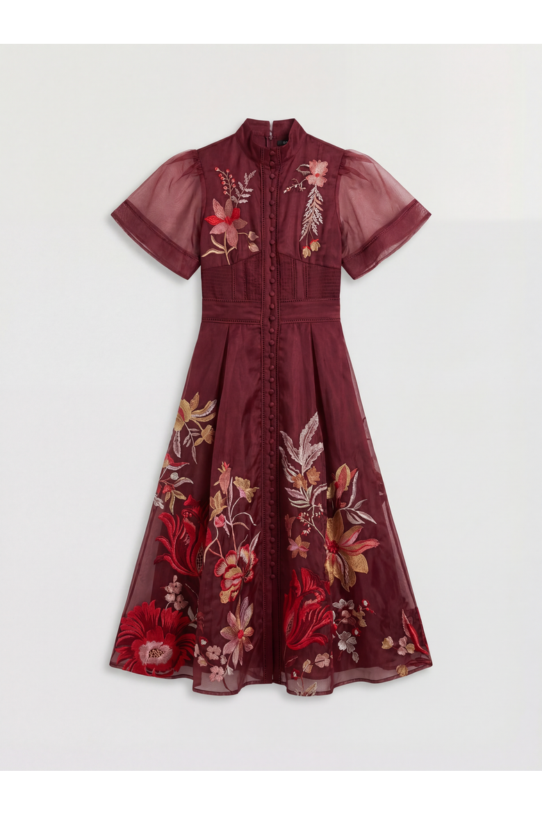 Embroidered Short Sleeve Midi Dress, Alternate, color, Purple