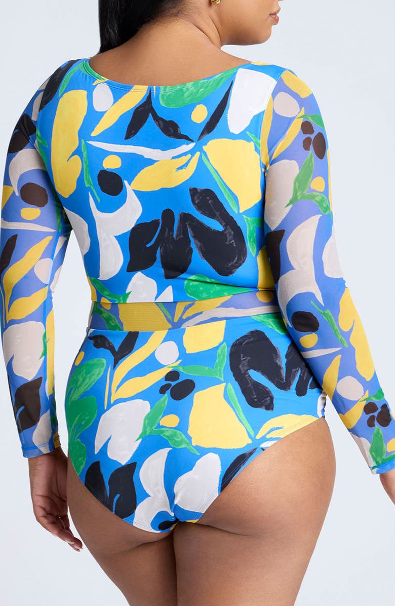 ELOQUII Tie Front Long Sleeve Mixed Media One-Piece Swimsuit, Alternate, color,