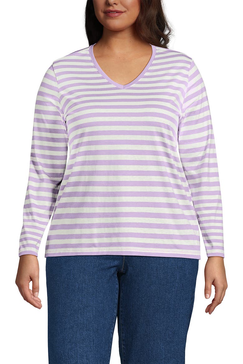 Supima Cotton Long Sleeve V-Neck T-Shirt, Main, color, Whisper Lilac Even Stripe
