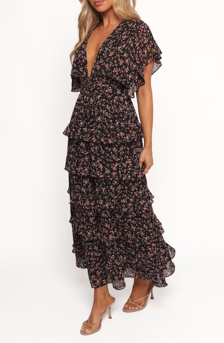 Petal & Pup Wendi Print Tiered Maxi Dress, Alternate, color, Black Floral