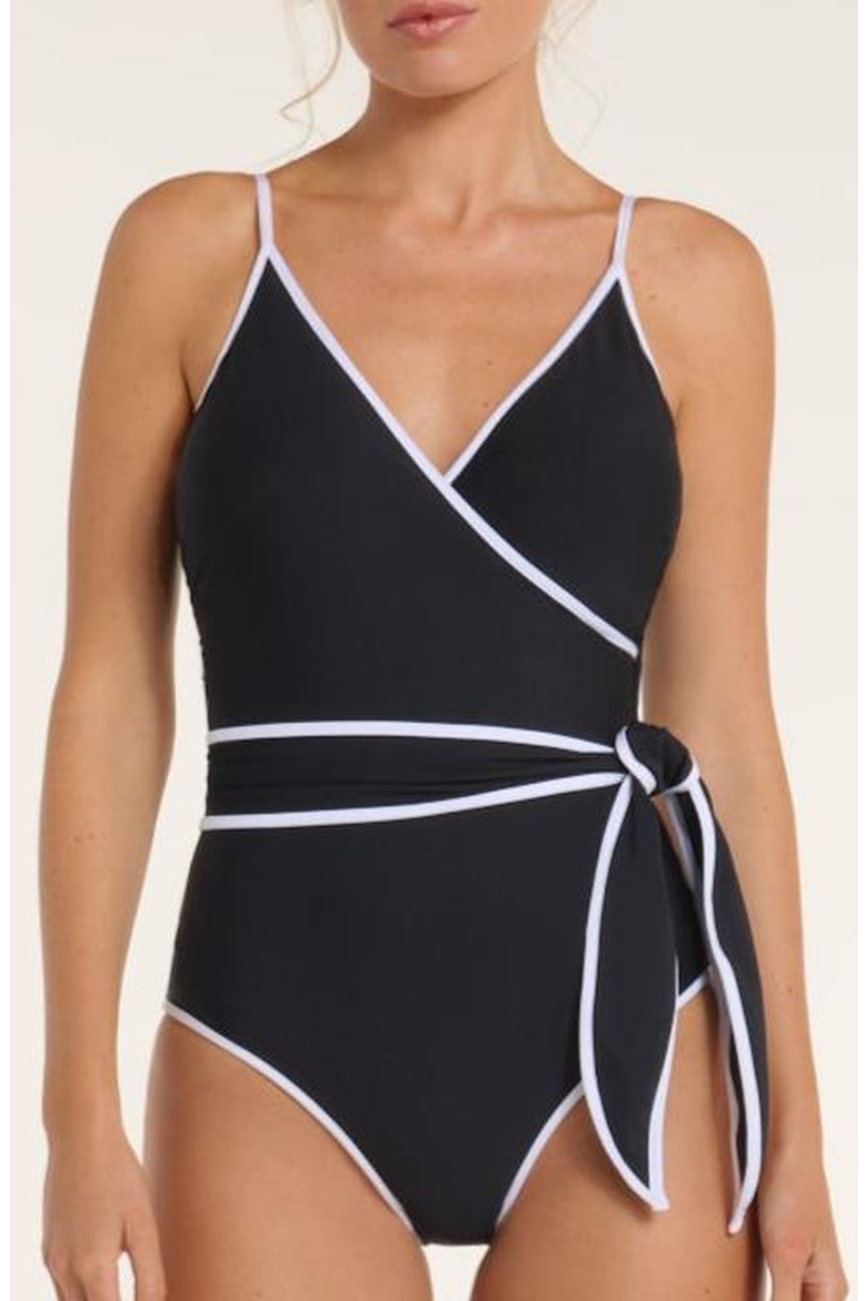 Amelia V-Neck Wrap One-Piece Swimsuit, Main, color, Black/White