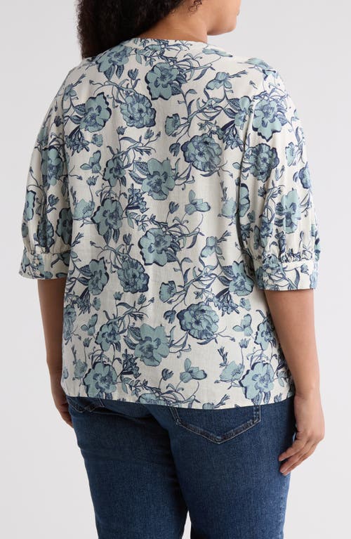 CASLON CASLON® FLORAL ELBOW SLEEVE LINEN BLEND POPOVER TOP