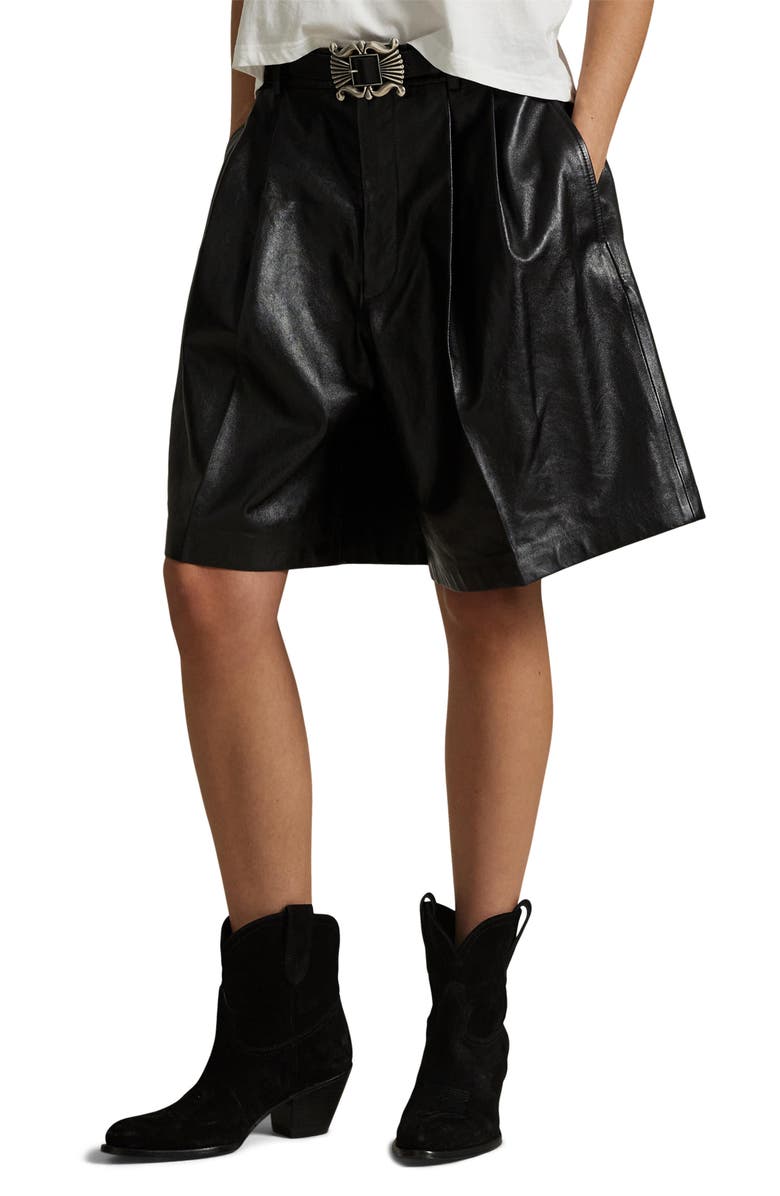 Polo Ralph Lauren Pleated Leather Shorts, Main, color, Black