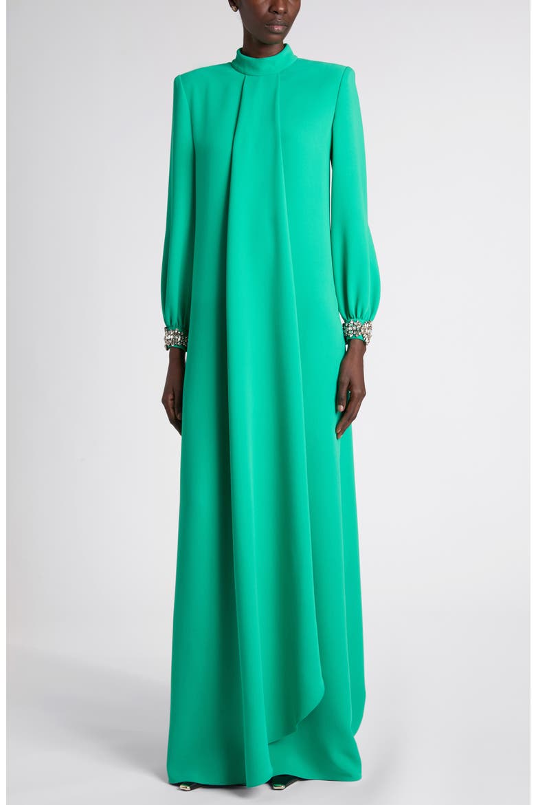 Embellished Long Sleeve Silk Gown, Main, color, GREEN