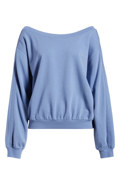 Lace Trim Off the Shoulder Cotton Blend Sweatshirt