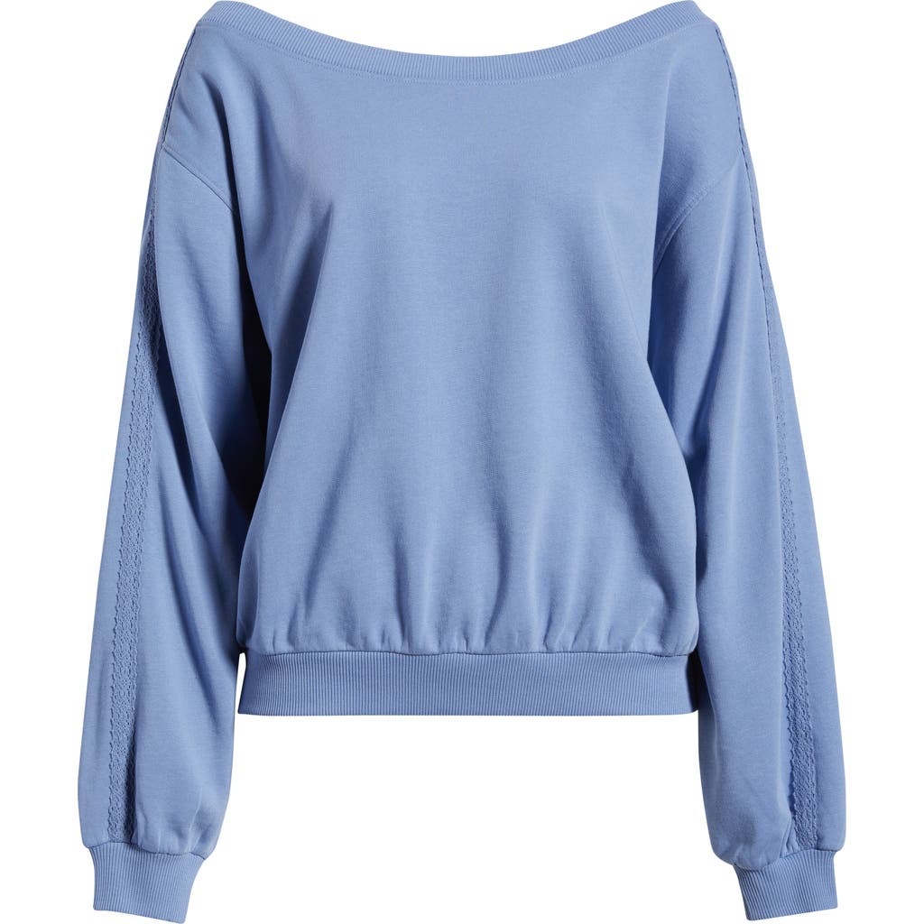 Bp. Lace Trim Off The Shoulder Cotton Blend Sweatshirt In Blue