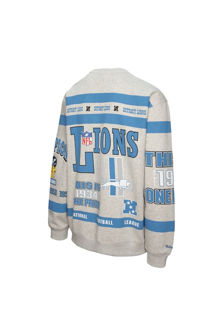 Men's Mitchell & Ness  Heather Gray Detroit Lions All Over Print Vintage Fleece Crewneck Sweatshirt, Alternate, color, Heather Gray