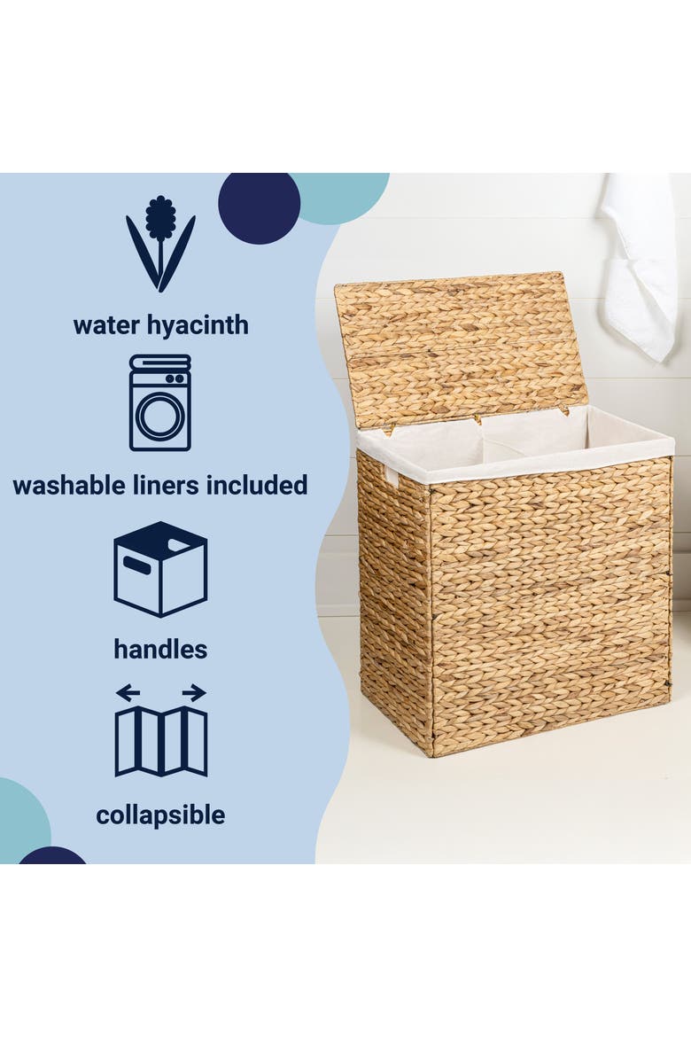 Sawyer Classic Farmhouse Hand-Woven Hyacinth 2-Section Collapsible Laundry Hamper with Washable Liner, Handles, and Lid, Alternate, color, Natural