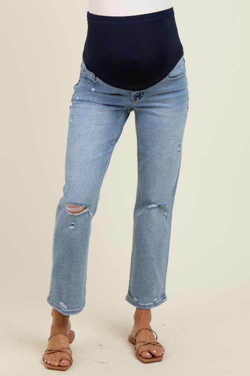 Pinkblush Distressed Open Knee Ankle Straight Leg Jeans In Blue