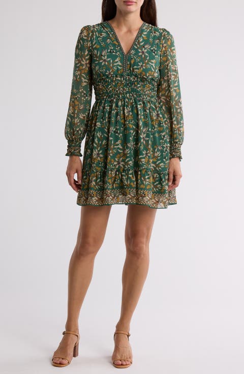 Geometric Floral Print Smocked Waist Dress