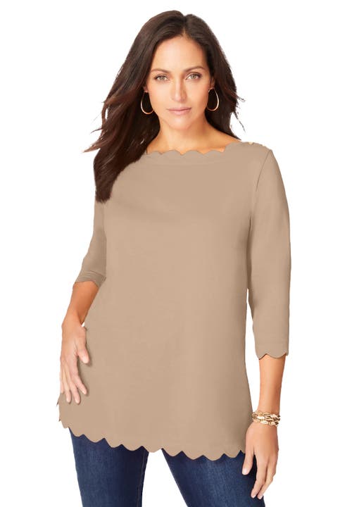 Jessica London Scallop Boatneck Tunic In Brown