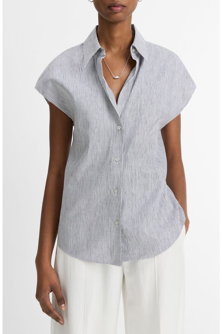 Ticking Stripe Cap Sleeve Linen & Cotton Button-Up Shirt, Main, color, IRIS SLATE/ OFF WHITE