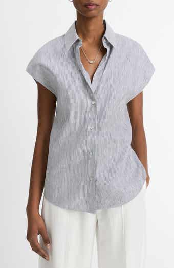 Vince Ticking Stripe Cap Sleeve Linen & Cotton Button-Up Shirt