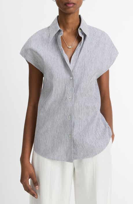 Vince Ticking Stripe Cap Sleeve Linen & Cotton Button-Up Shirt