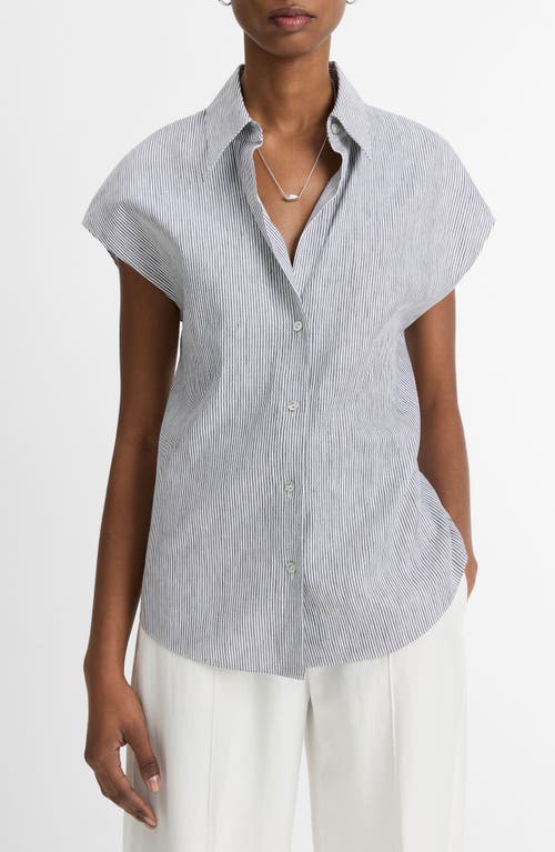 Shop Vince Ticking Stripe Cap Sleeve Linen & Cotton Button-up Shirt In Iris Slate/off White