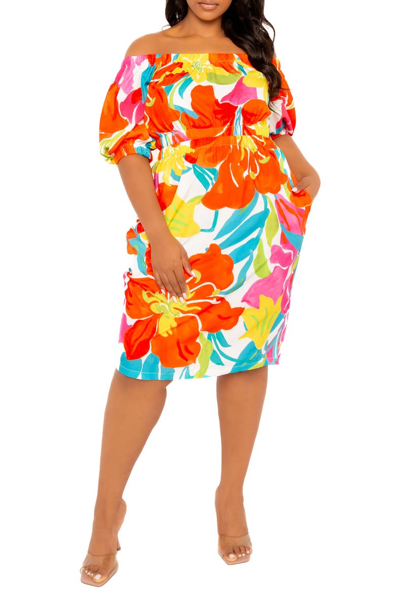 BUXOM COUTURE Floral Print Off the Shoulder Bow Back Dress, Alternate, color, White Multi