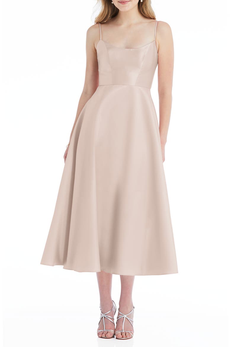 Spaghetti Strap Satin Midi Cocktail Dress, Main, color, CAMEO