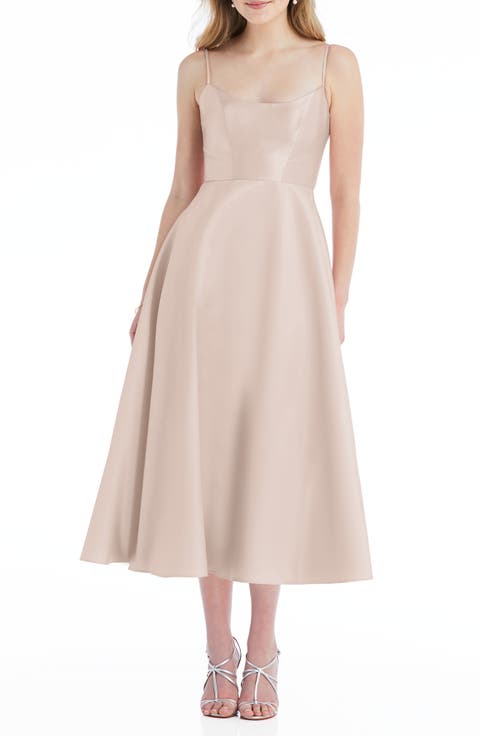 Spaghetti Strap Satin Midi Cocktail Dress