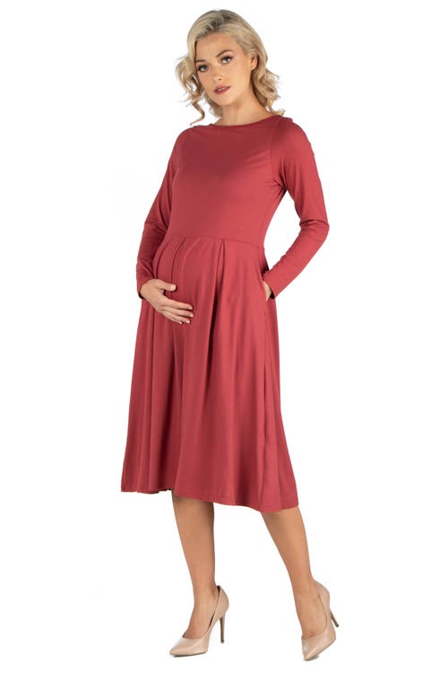 24seven Comfort Apparel Maternity Midi Length Fit And Flare Pocket Dress In Pink
