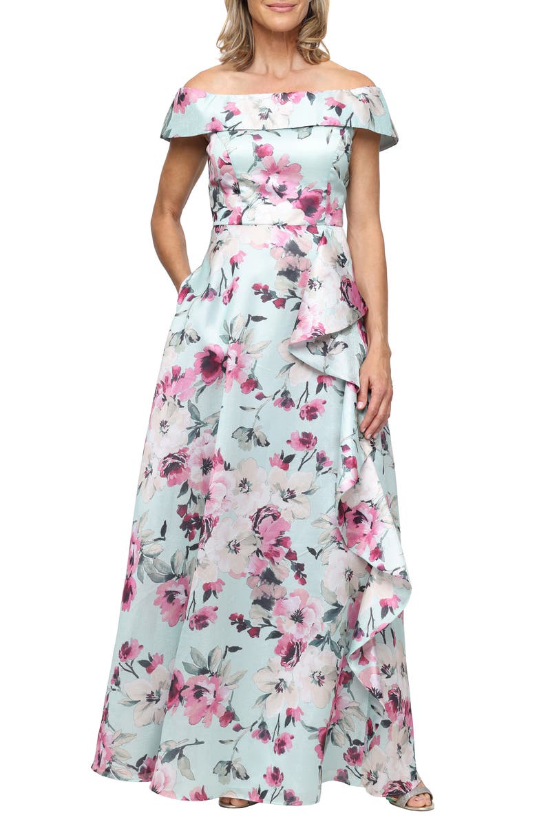 Alex Evenings Floral Off-Shoulder Yoryu Gown, Main, color, Mint Multi