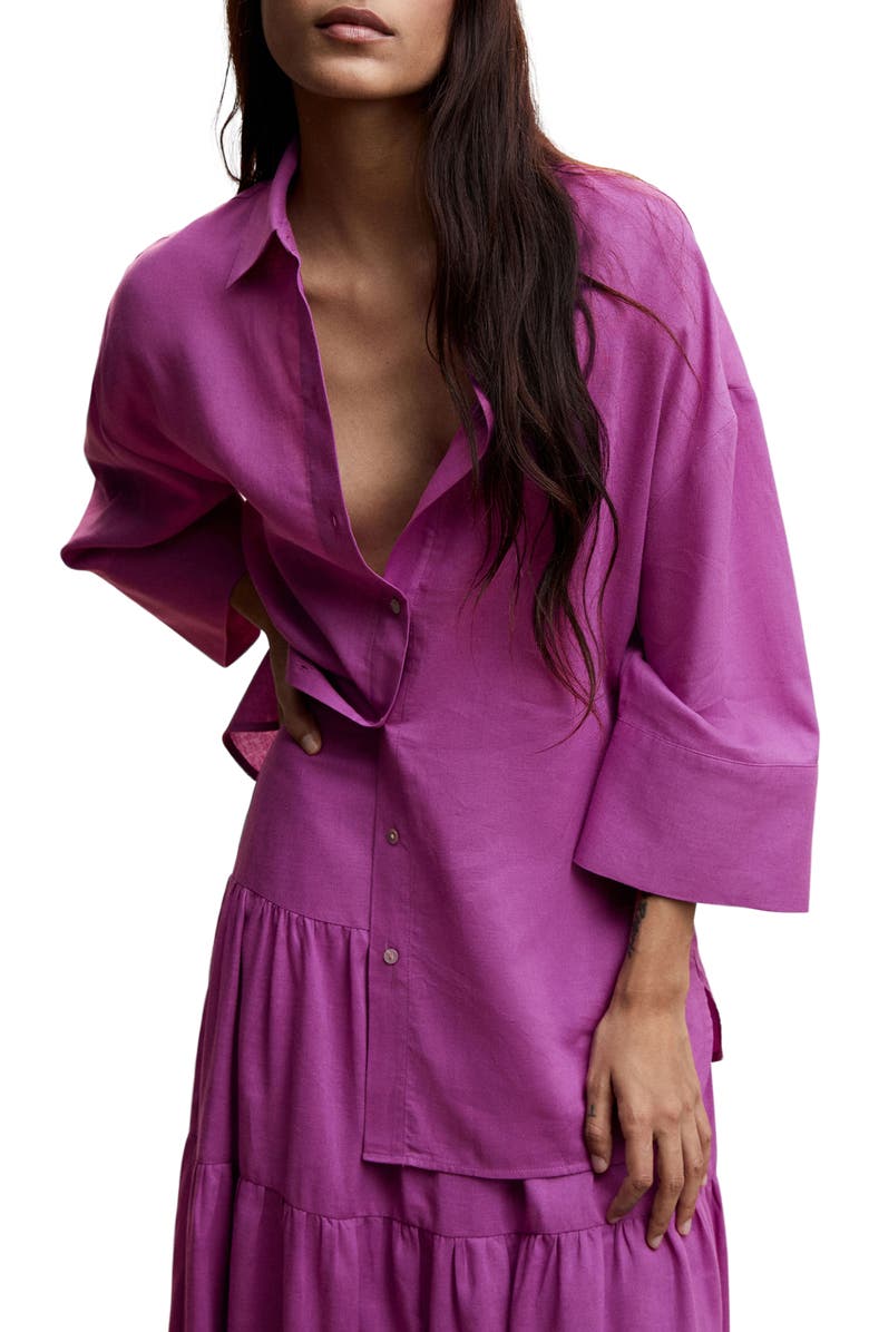 MANGO Oversize Ramie & Cotton Blend Button-Up Shirt, Main, color, 