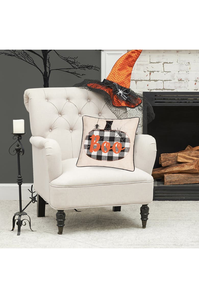 Franklin Black Boo Chain Stitch Halloween Throw Pillow, 18" x 18", Alternate, color, Beige