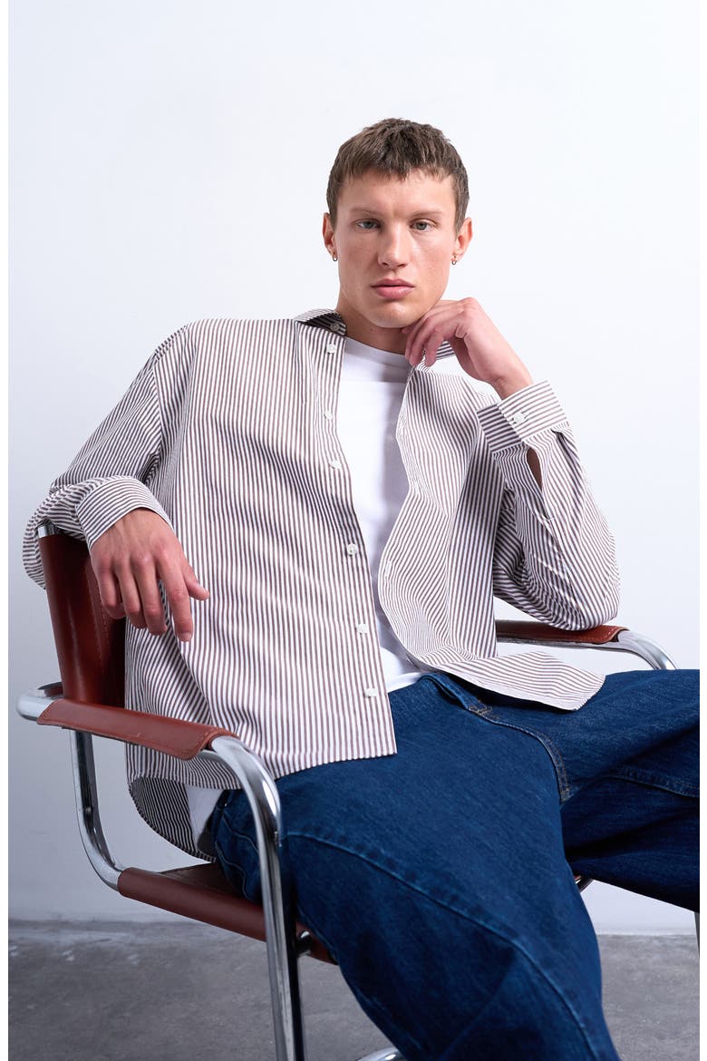 Relaxed Fit Stripe Button-Up Shirt, Alternate, color, BROWN