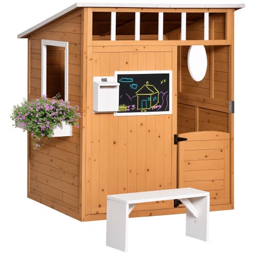 Outsunny Wooden Playhouse with Working Door, Windows, Mailbox, Bench, Flower Pot Holder, Outdoor Use in Yellow 