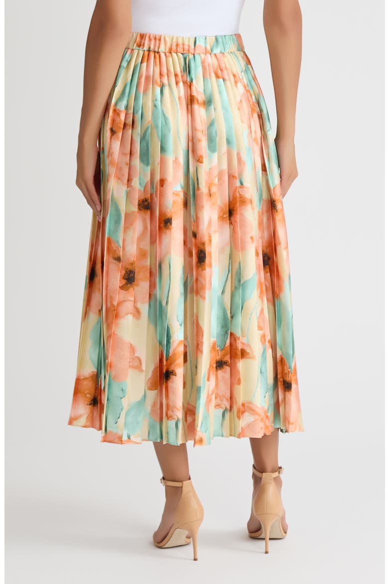 Floral Pleated Crepe de Chine Maxi Skirt, Alternate, color, Sunglow/Mystic Green