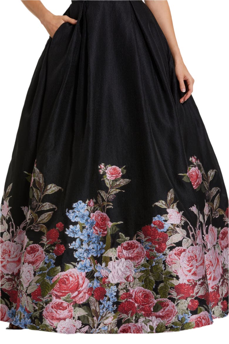Strapless Floral Brocade Ballgown, Alternate, color, Black Multi