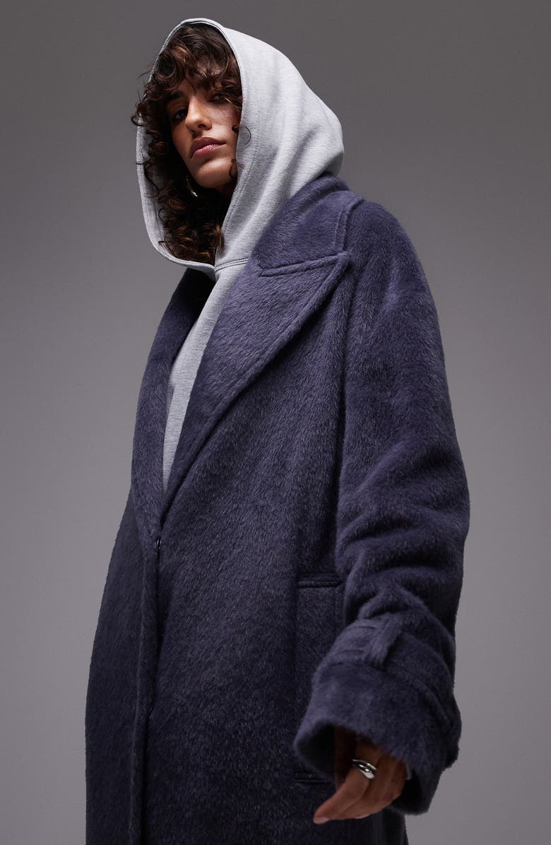 Topshop Chuck On Faux Fur Longline Coat, Alternate, color, Navy