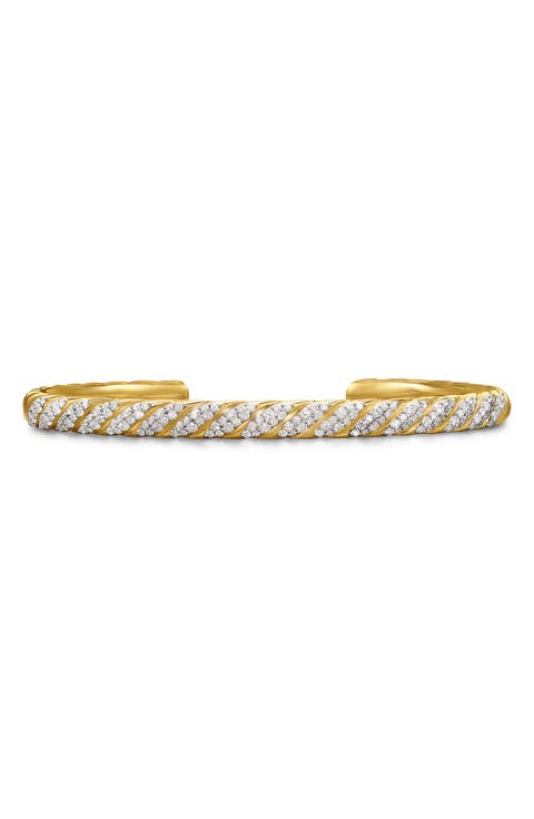 Men's Sculpted Cable Cuff Bracelet in 18K Yellow Gold with Diamonds, 5.5mm