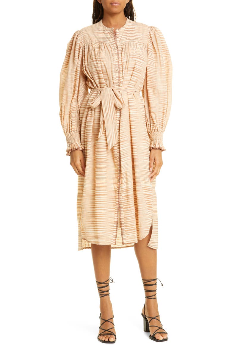 Fiora Ruffle Midi Dress, Main, color, FAWN