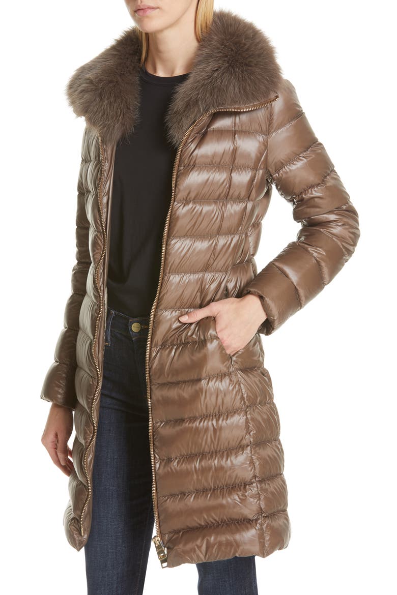 Quilted Down Puffer Coat with Removable Genuine Fox Fur Collar, Alternate, color, CHESTNUT